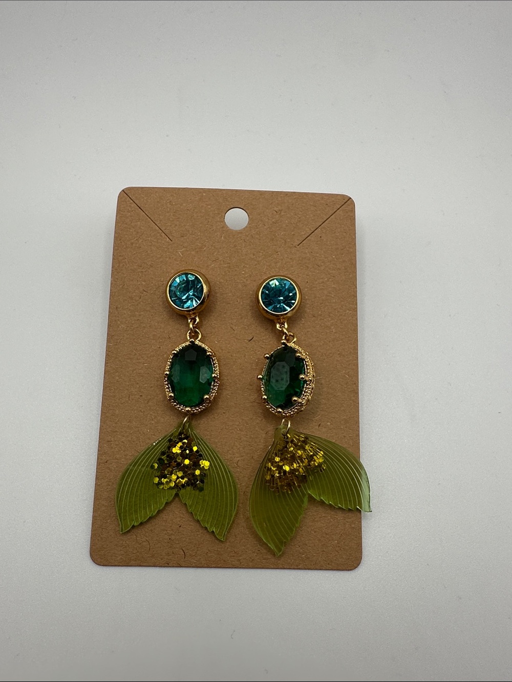 Fashion Jewelry Teal and Green Dangle Earrings with Gold Accents